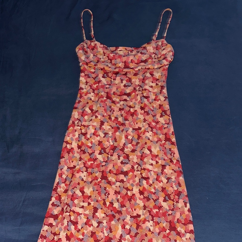 BCBGMaxAzria Red and Pink Patterned Midi Dress